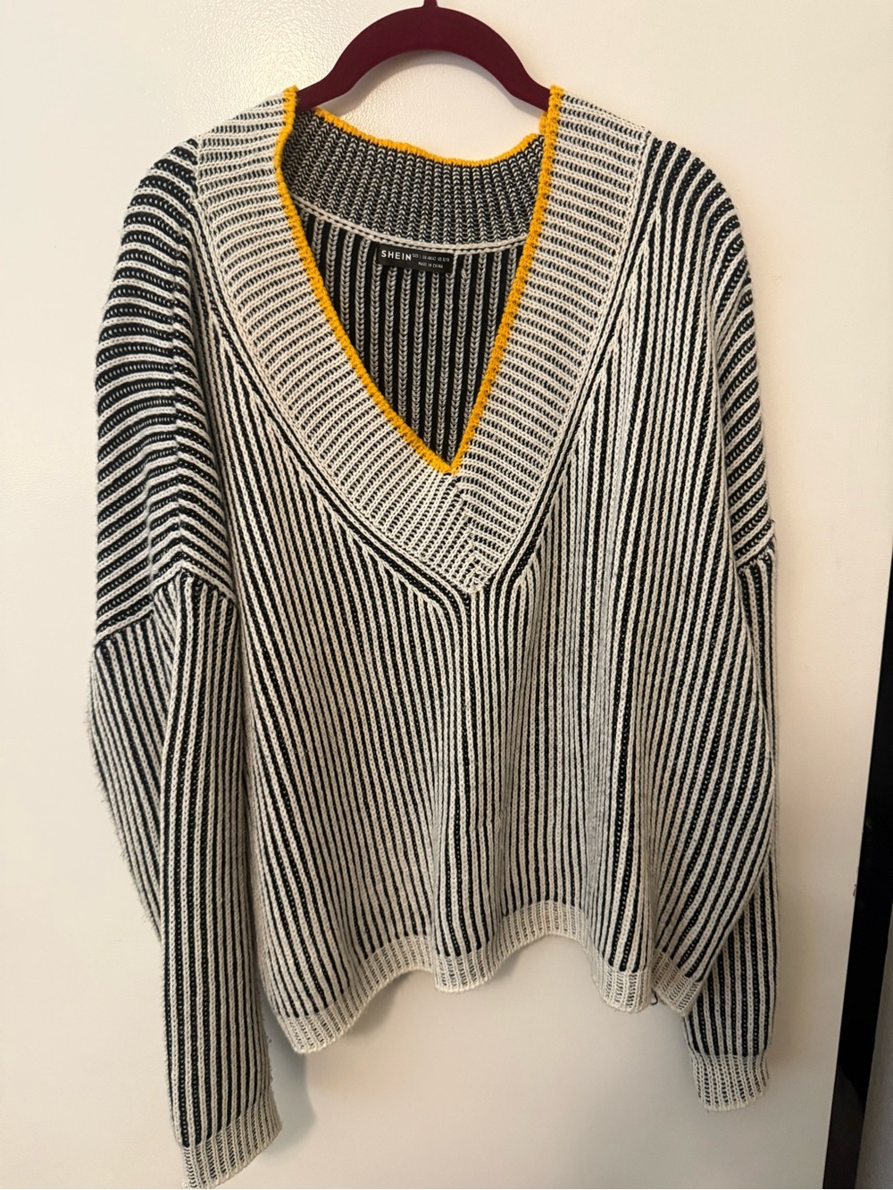 SHEIN Black & White Striped V-Neck Sweater with Yellow Trim